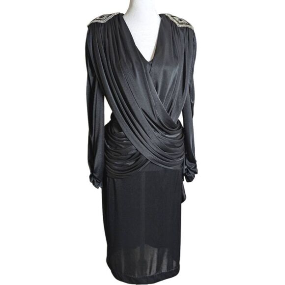 Disco Vintage Variations 80s 70s Dynasty Black Sequin Draped Midi Dress S 6/8 - Picture 1 of 9
